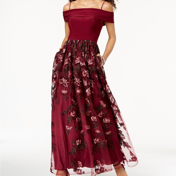 Night Way Collections Dresses & Skirts - Nightway Off-The-Shoulder Embroidered Gown Wine